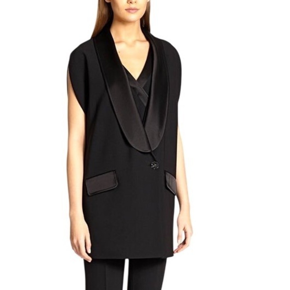 St. John Caviar Black Tuxedo Cape Vest Satin Shawl Lapel Crystal Button